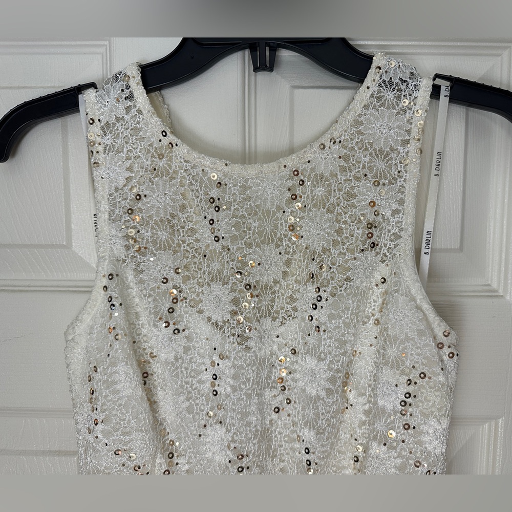 B Darlin White Lace Dress with Gold Sequins